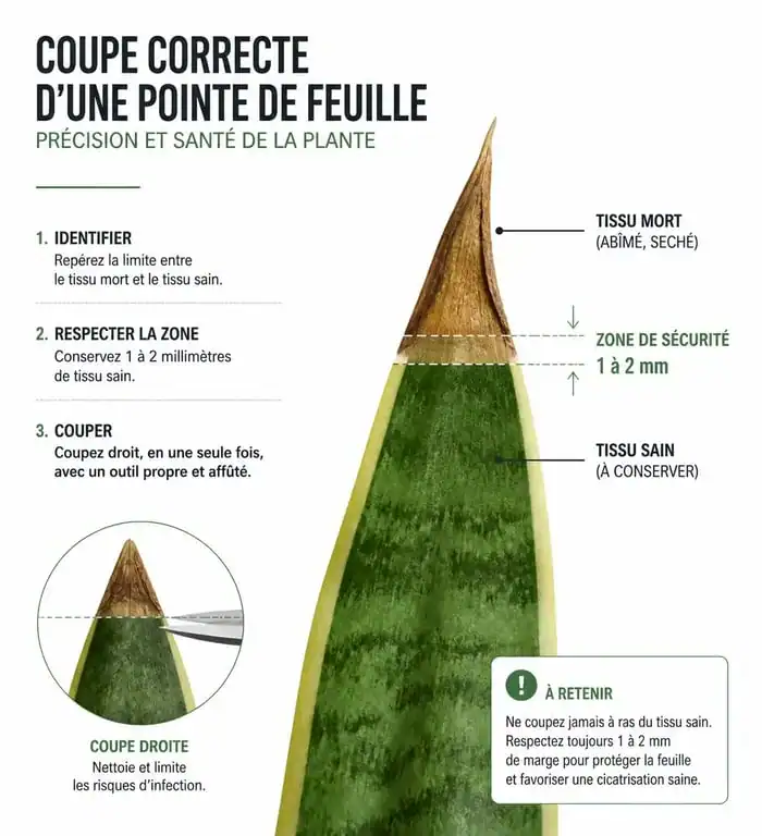Schéma illustrant comment couper le bout marron d'une feuille de plante sans endommager le tissu sain