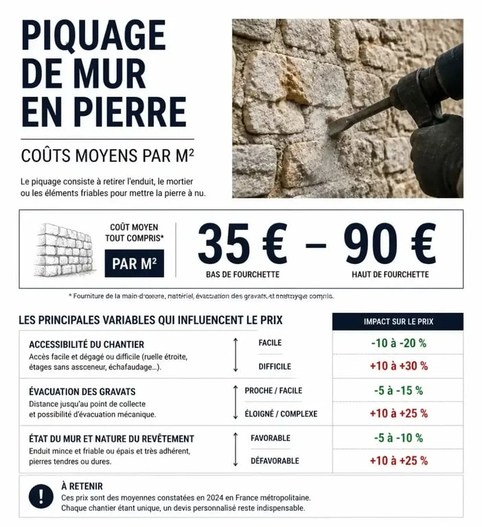 Infographie des prix au m2 pour le piquage d'un mur en pierre lors de travaux de rénovation