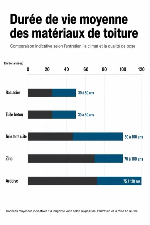 Infographie comparative de la durée de vie des matériaux de toiture : ardoise, zinc, tuile et bac acier.