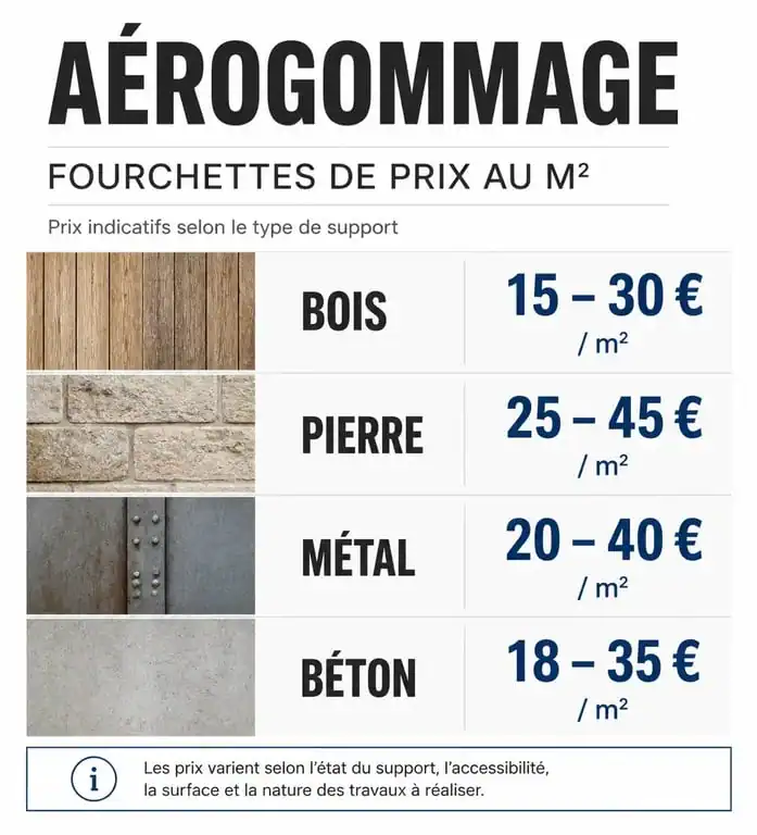 Infographie comparative des prix de l'aérogommage au m2 par type de support