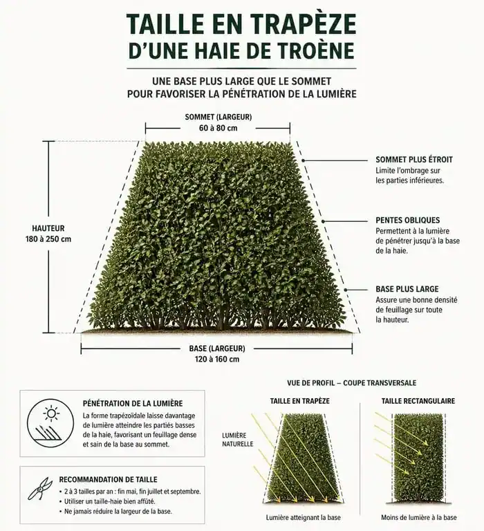 Schéma de taille en trapèze pour une haie de troène dense et en bonne santé