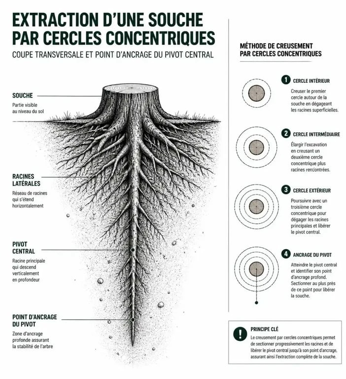Schéma explicatif de l'extraction de racines profondes et de la souche d'un arbre