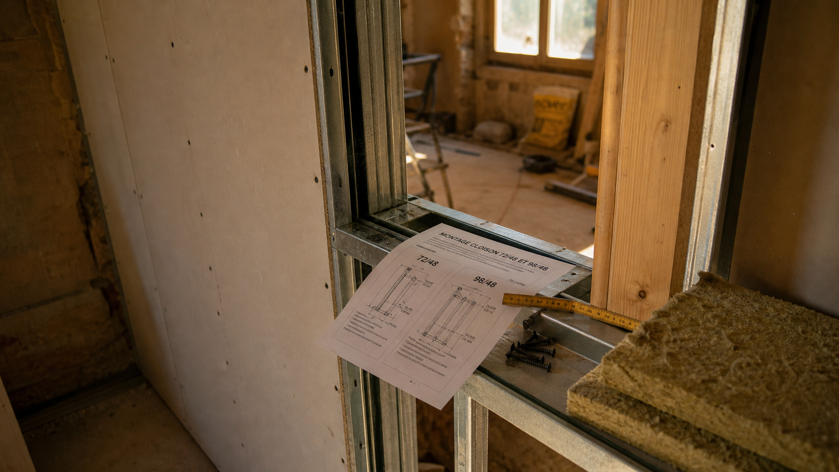 Épaisseur cloison placo : schéma 72/48 et 98/48 sur chantier