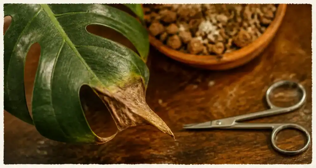 Faut il couper le bout des feuilles marron : feuille Monstera brune