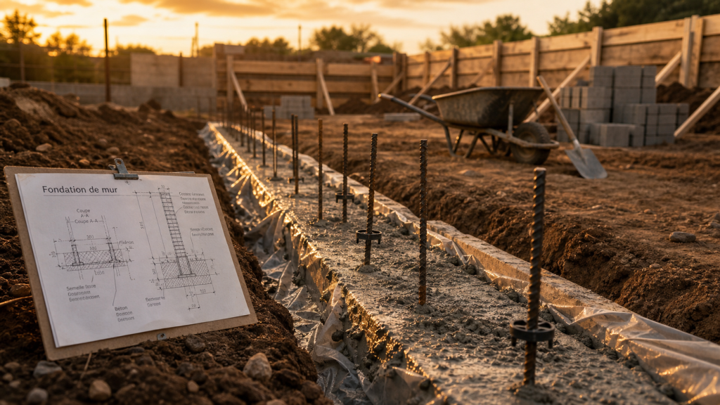 Fondation mur de cloture : semelle béton et ferraillage en attente