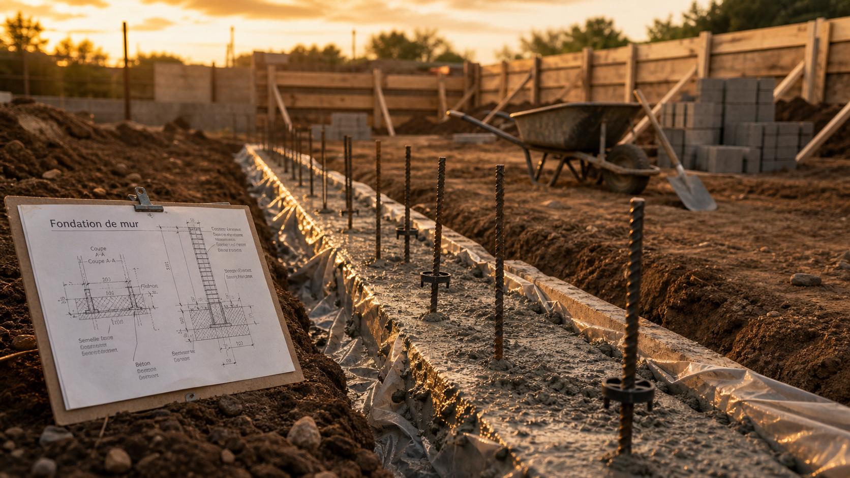 Fondation mur de cloture : semelle béton et ferraillage en attente