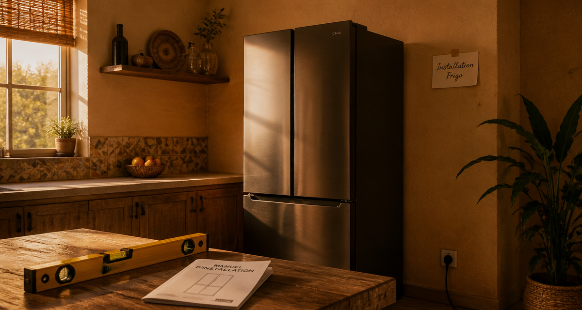 installation frigo dans cuisine lumineuse