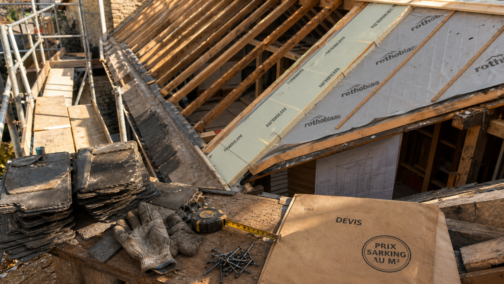 Isolation sarking prix m2 : chantier toiture et panneaux isolants en sarking