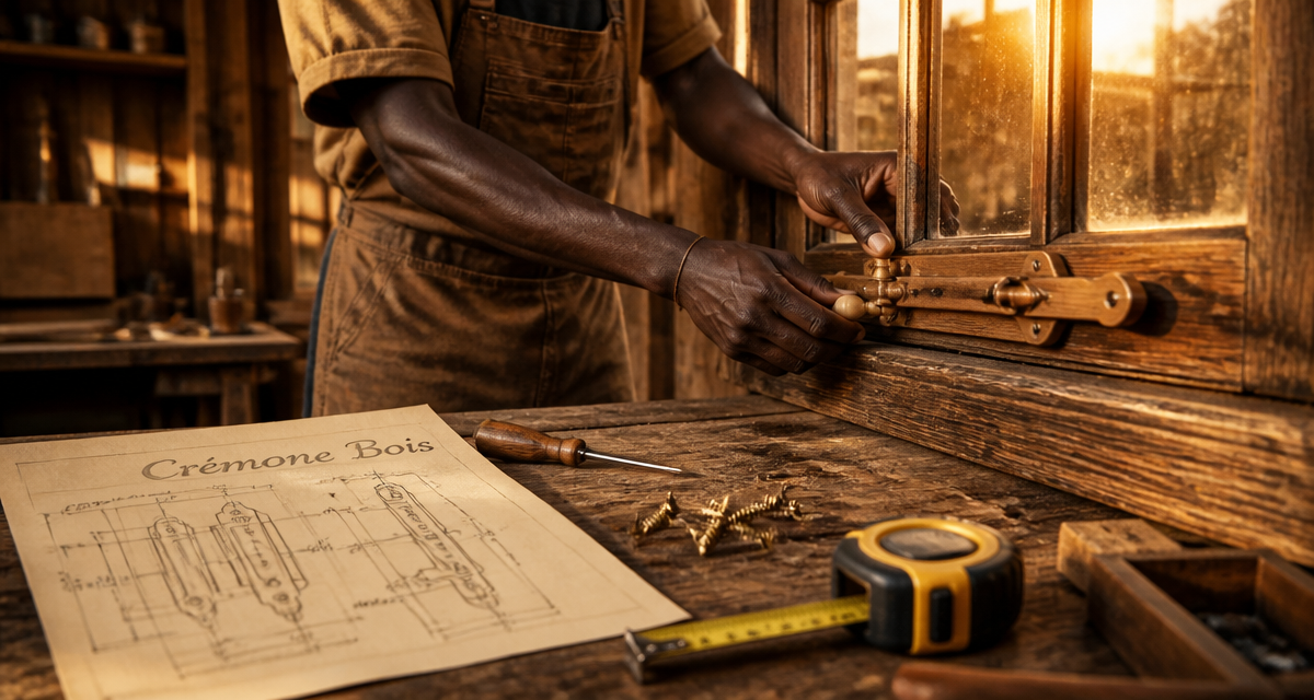 mecanisme cremone fenetre bois sur etabli