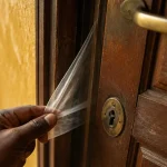 Ouvrir une porte : feuille glissée dans la serrure, porte entrouverte, sans clé