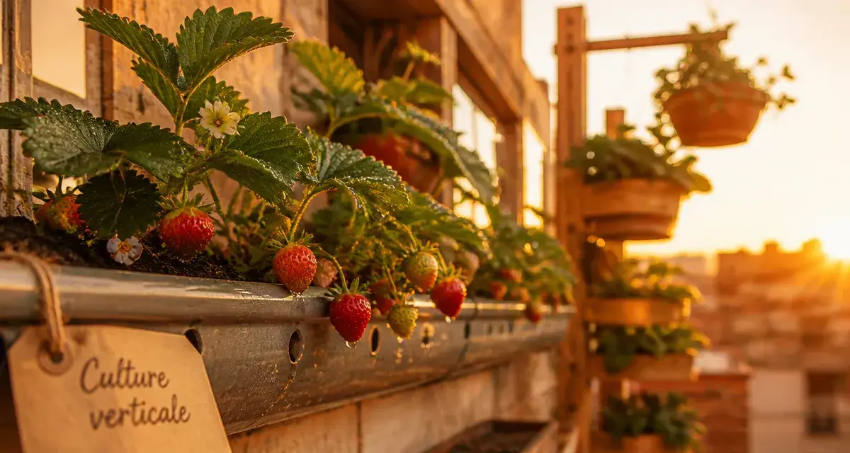 Plantation fraisier en hauteur : fraisiers en gouttière anti-limaces, baies rouges