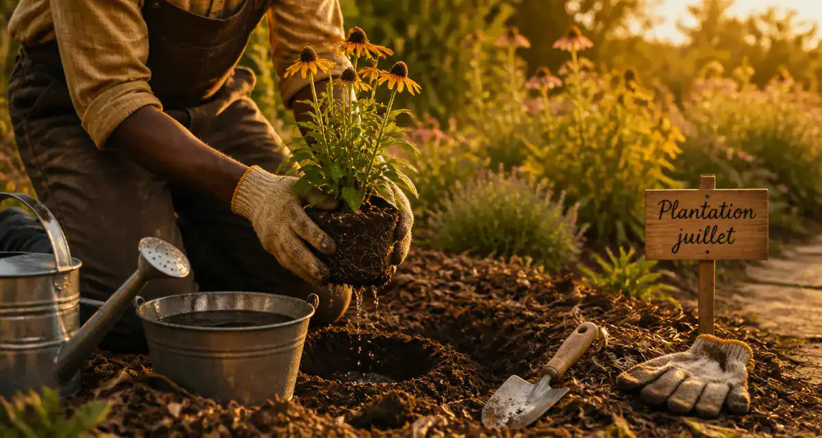 Que planter en juillet août fleurs : jardinier arrose une motte, godets en terre sombre