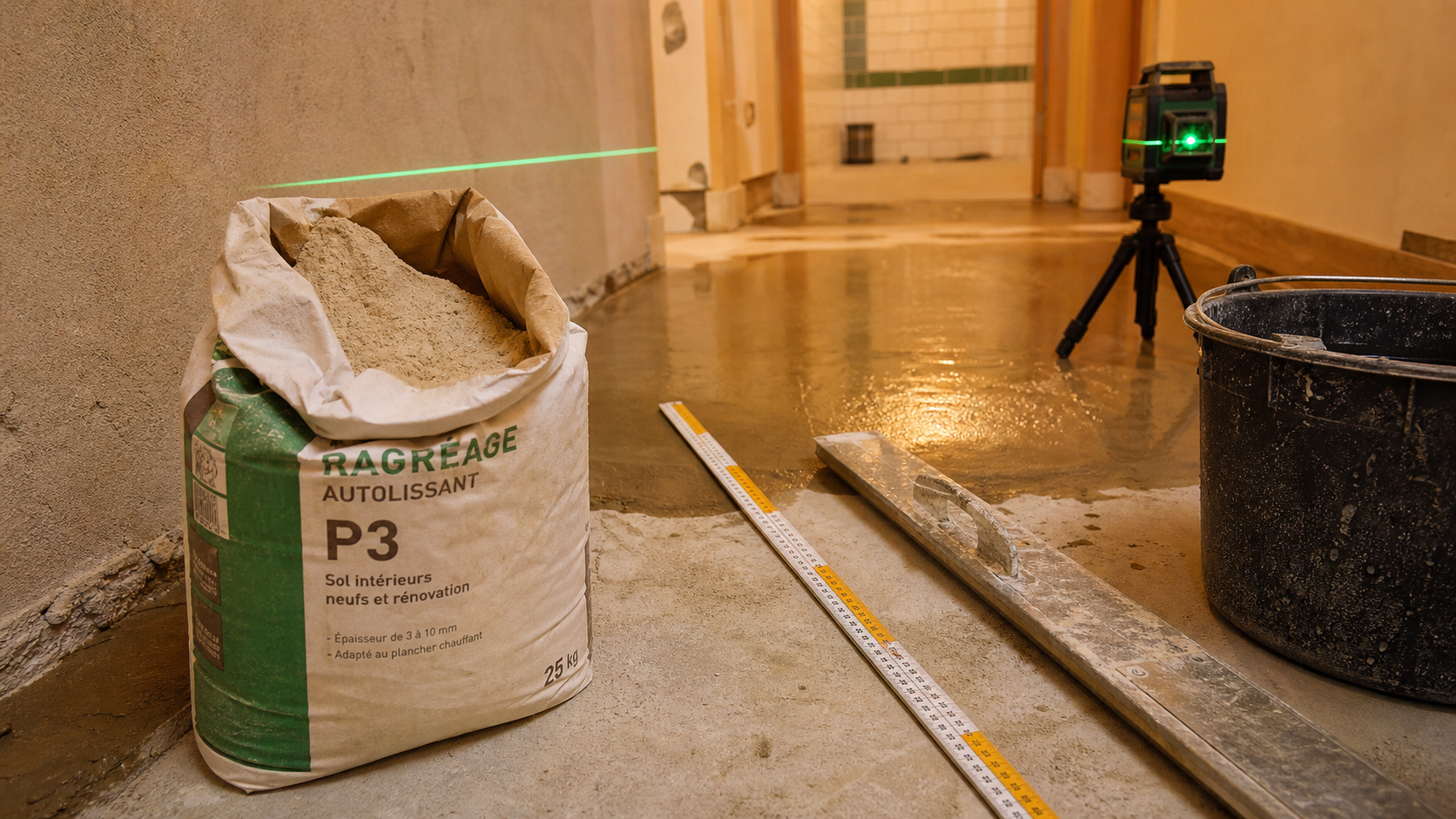 1 sac de ragréage combien de m2 : application sur sol, mesure au niveau