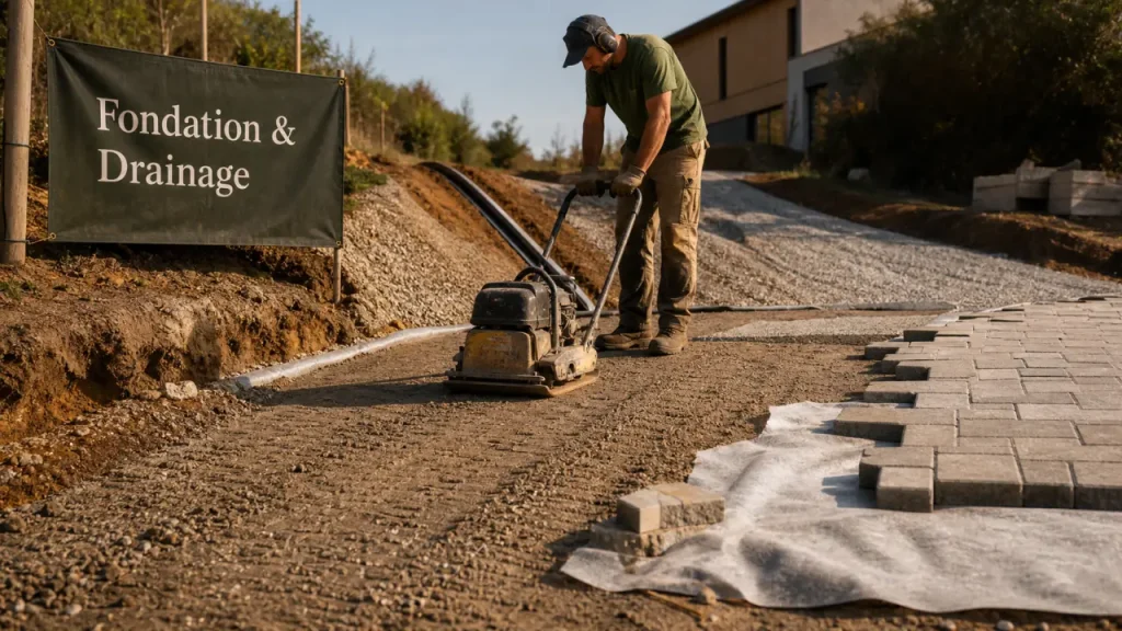 Allée carrossable pas cher : gravier compacté et pavés béton sur fondation & drainage