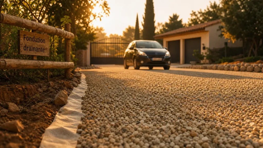 Allée carrossable pas chere : gravier stabilisé bien nivelé
