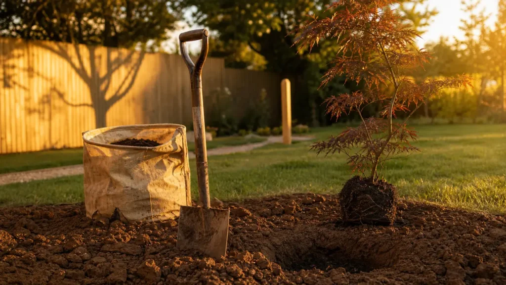 Arbre a planter : érable du Japon en terre, ombre et floraison