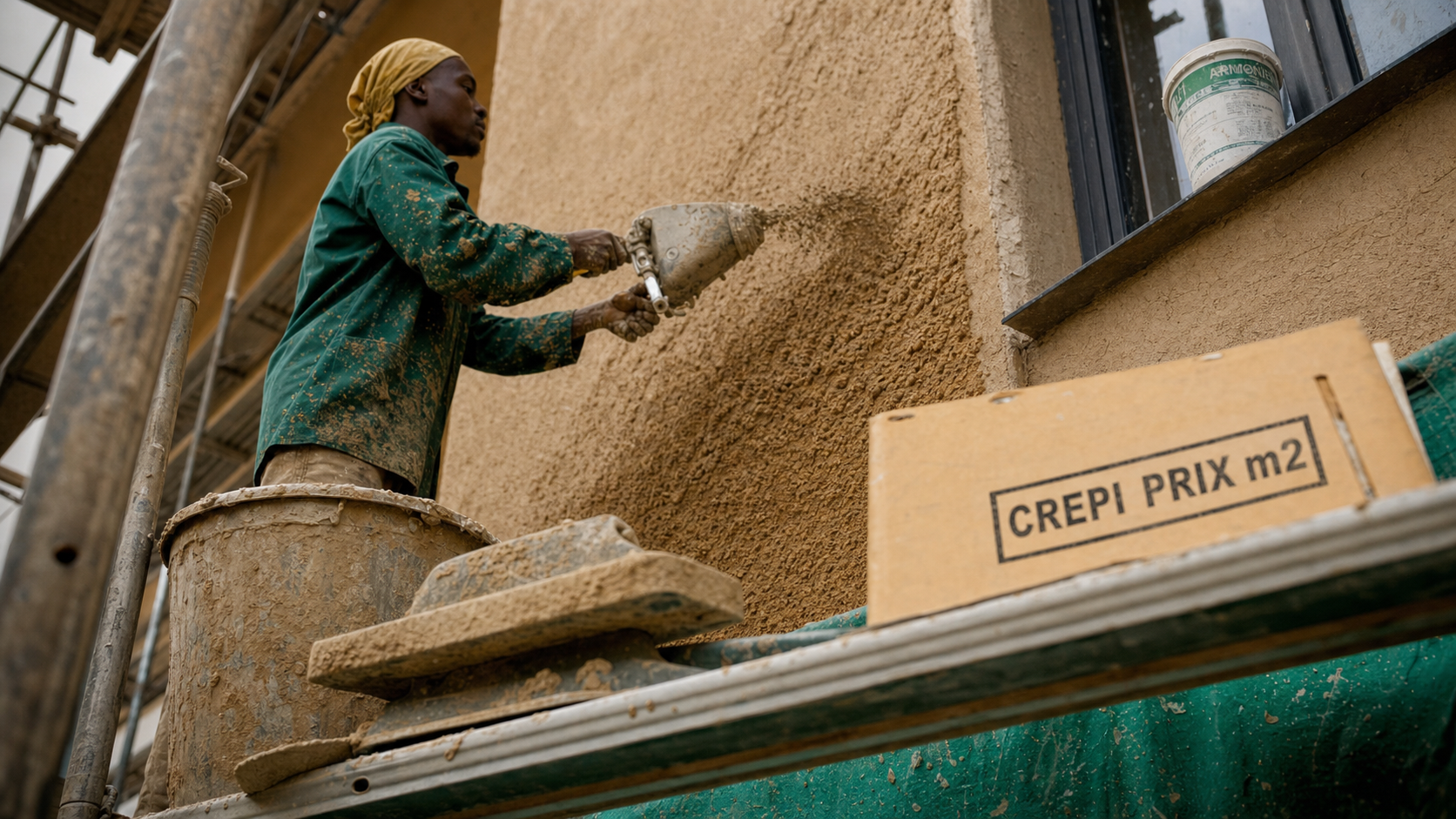 Crepi prix m2 : artisan projette un crépi sur façade en béton, taloche et mortier