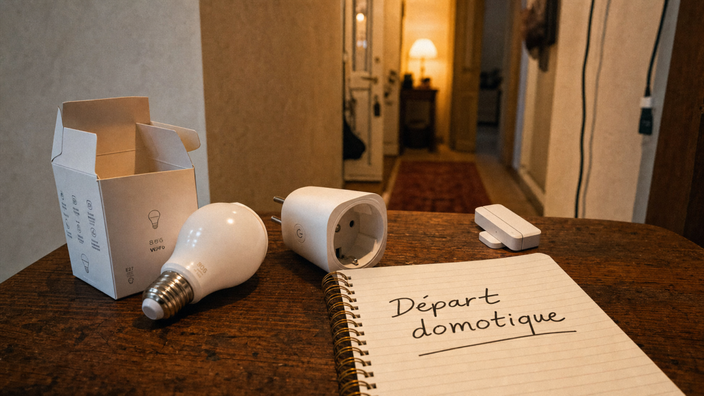Débuter en domotique : ampoule connectée et capteur près d’un carnet