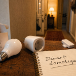 Débuter en domotique : ampoule connectée et capteur près d’un carnet