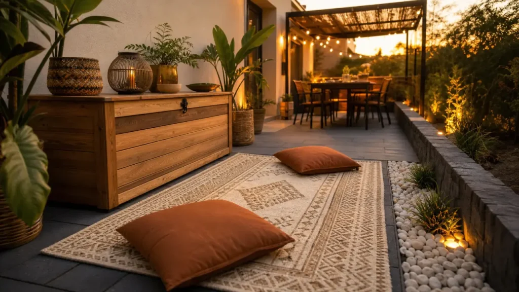 Déco jardin extérieur : terrasse en dalles grises, bordure ardoise et gravier blanc