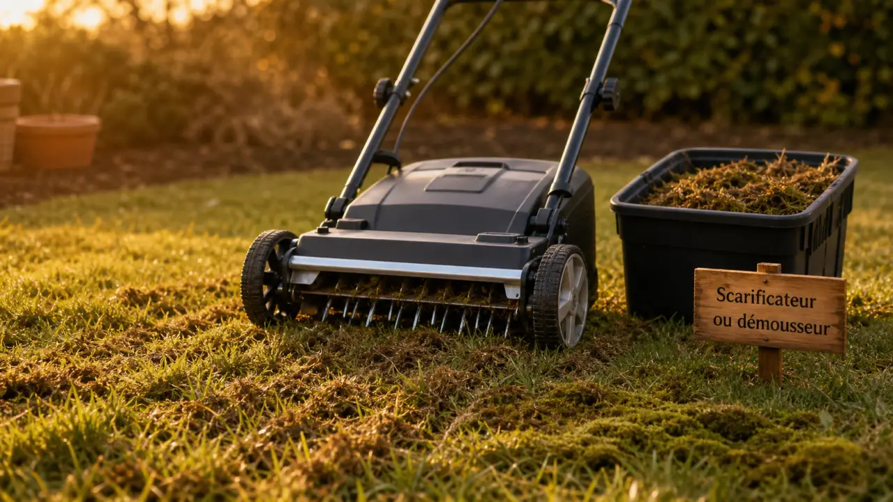 Démousseur ou scarificateur pour enlever mousse et feutre sur pelouse