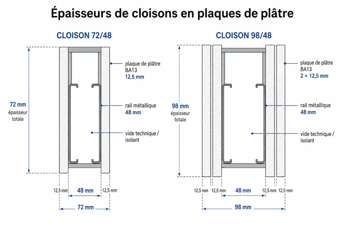 Schéma des épaisseurs de cloison placo avec rail pour vos travaux