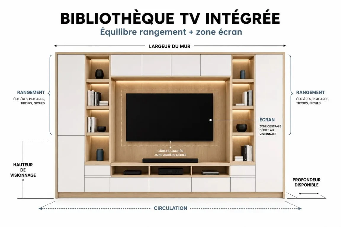 Meuble bibliothèque TV dans un salon contemporain avec rangements, niches et zone écran