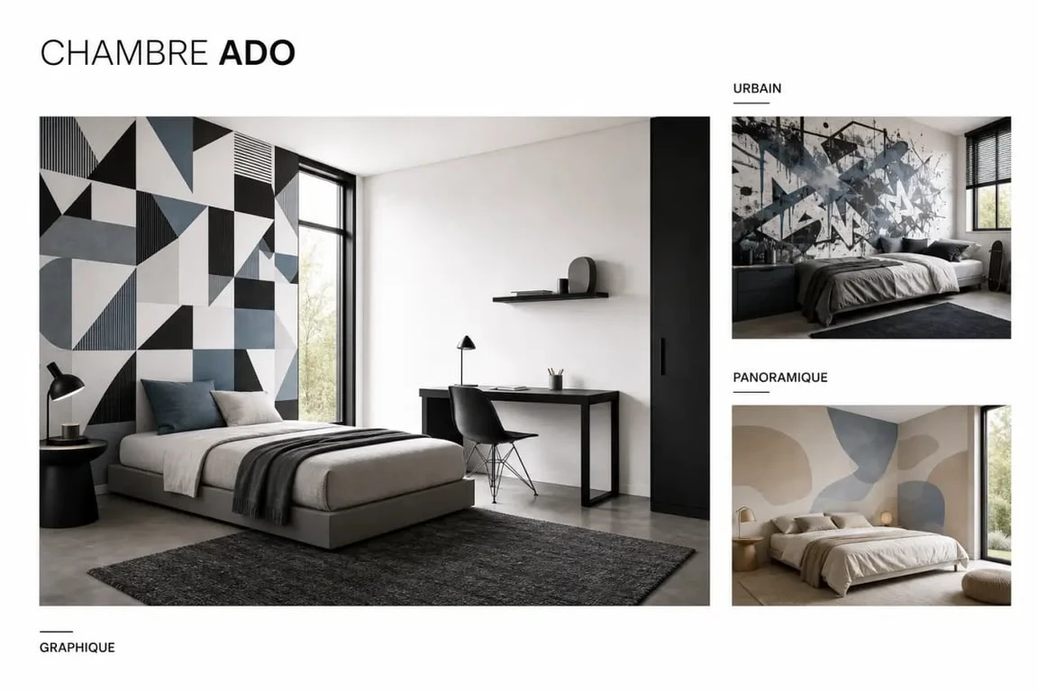 Inspiration papier peint chambre ado avec plusieurs styles de décoration murale