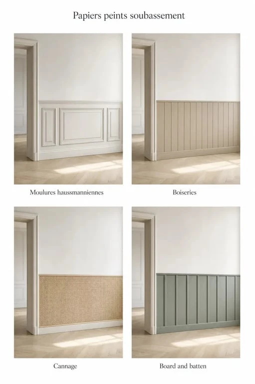 Papier peint soubassement : quatre styles d'intérieur avec moulures, boiseries, cannage et board and batten
