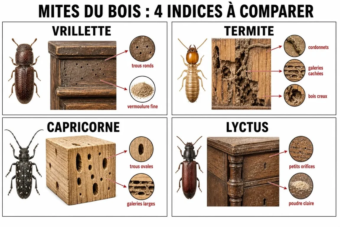 Mites bois meuble : comparaison visuelle des insectes du bois et des signes d’infestation sur un meuble