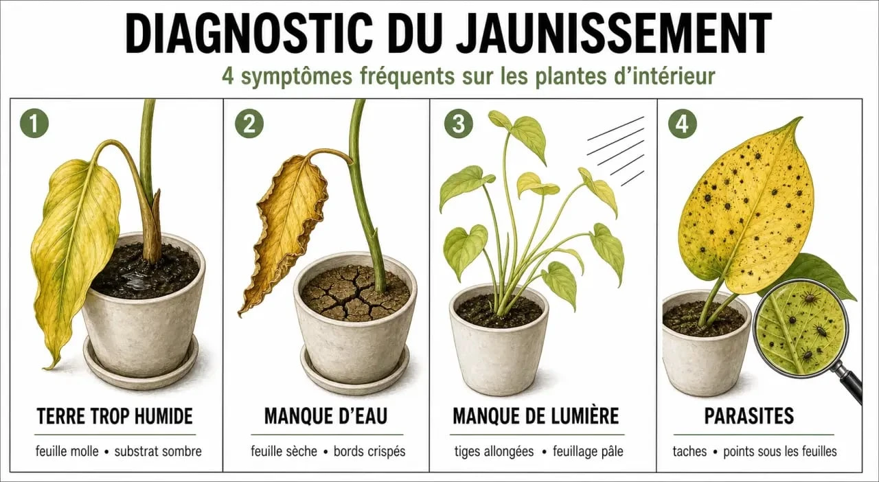 Feuille jaunissent : tableau visuel des symptômes de jaunissement sur une plante d’intérieur