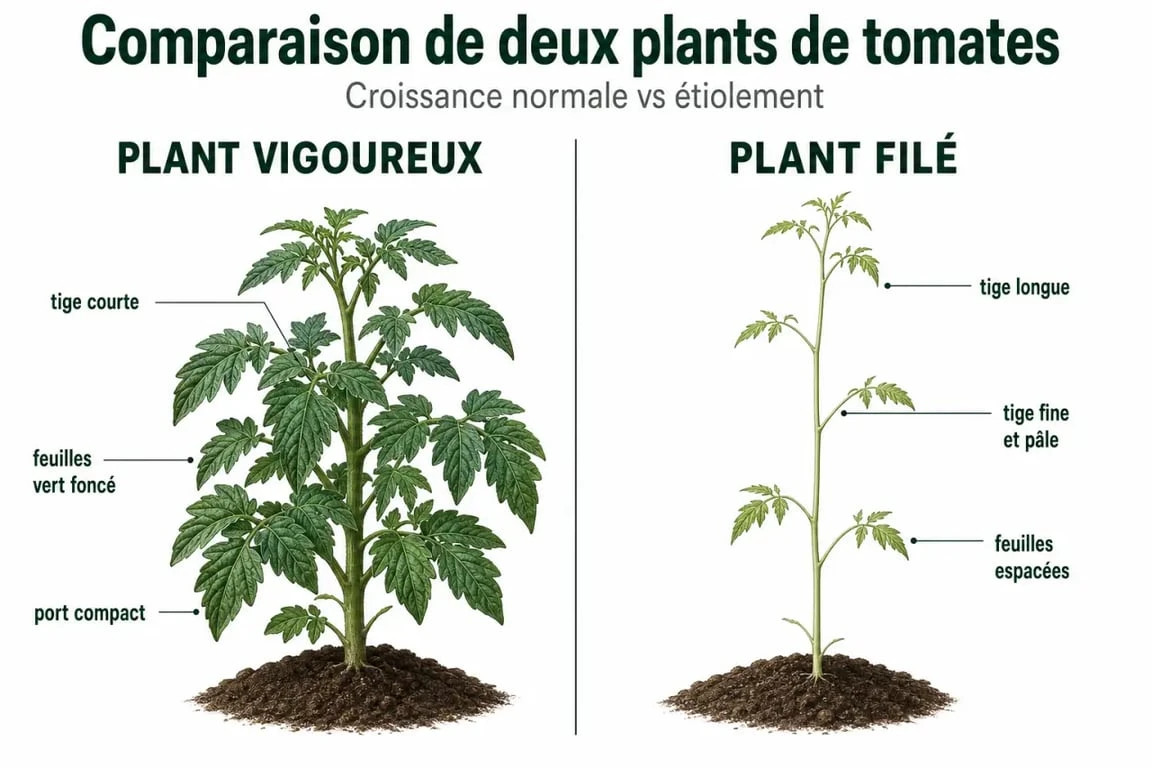 Comparaison visuelle entre un plant de tomate vigoureux et un plant de tomate filé par manque de lumière