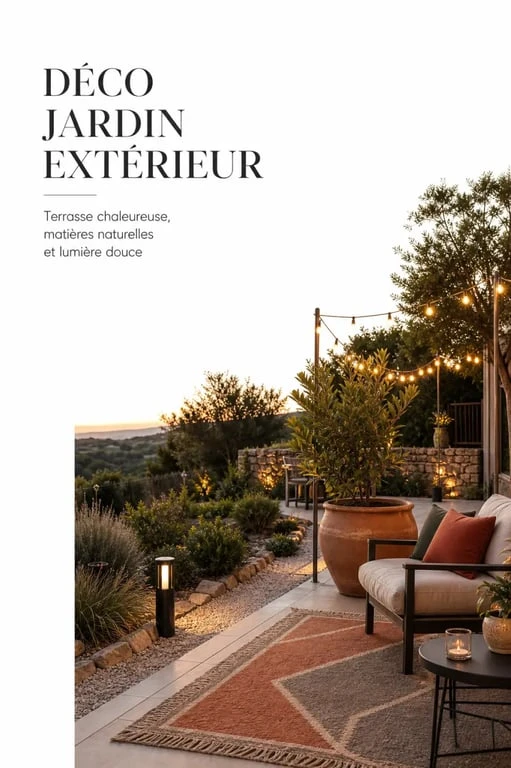 Inspiration déco jardin extérieur avec terrasse lumineuse, tapis, coussins, bordures et gravier décoratif