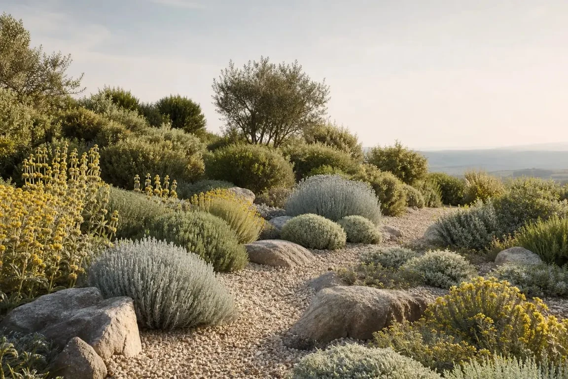 Jardin méditerranéen sans entretien avec massifs secs, graviers et plantes aromatiques