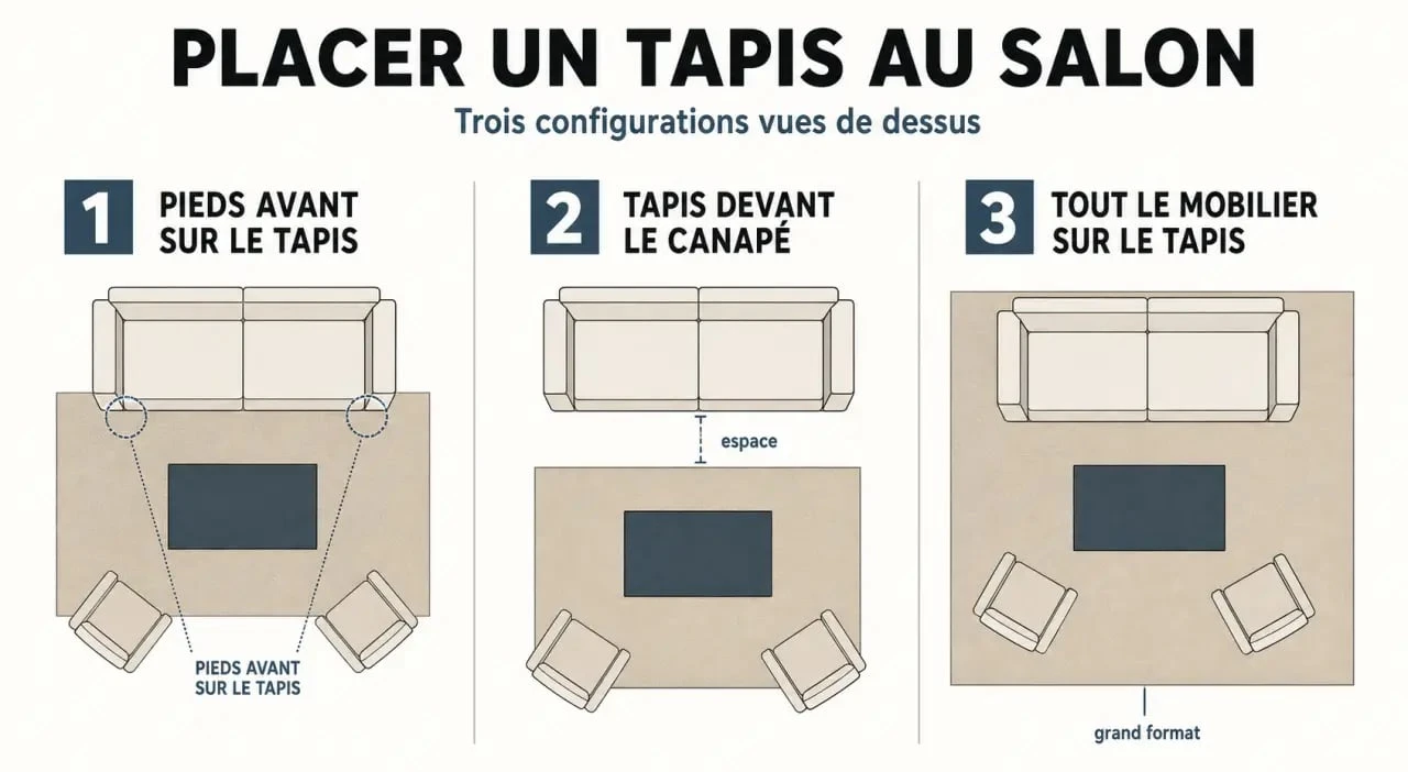 Tapis dans salon : trois placements possibles autour du canapé et de la table basse
