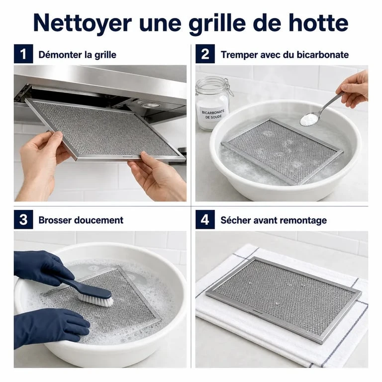 Nettoyage grille hotte : illustration pas à pas du démontage, trempage, brossage et séchage