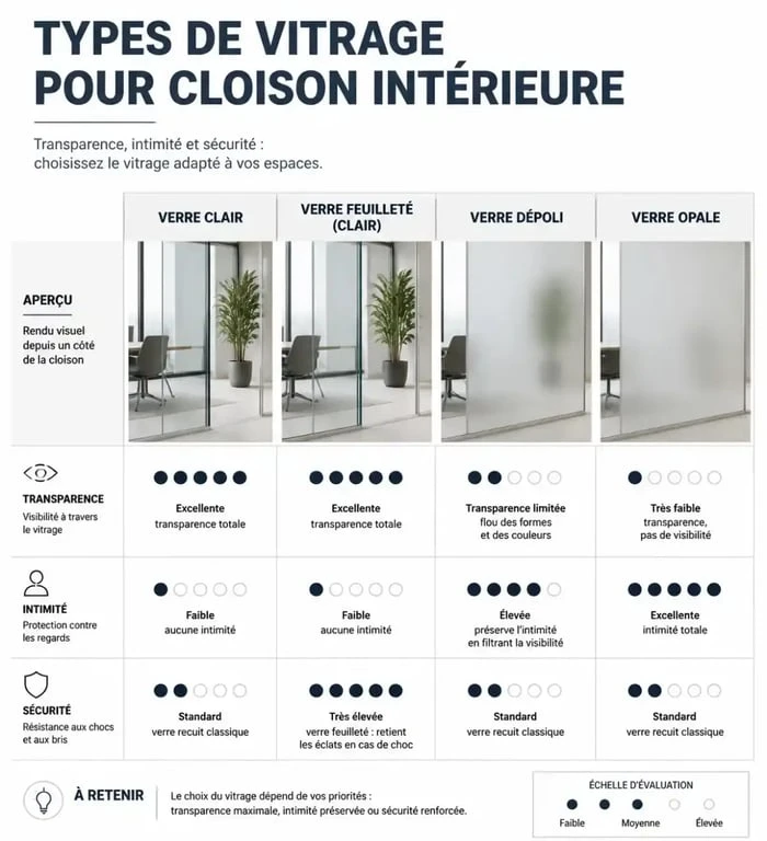Infographie comparative des types de verre pour cloison intérieure : choisir sa vitre selon l'intimité et la luminosité.