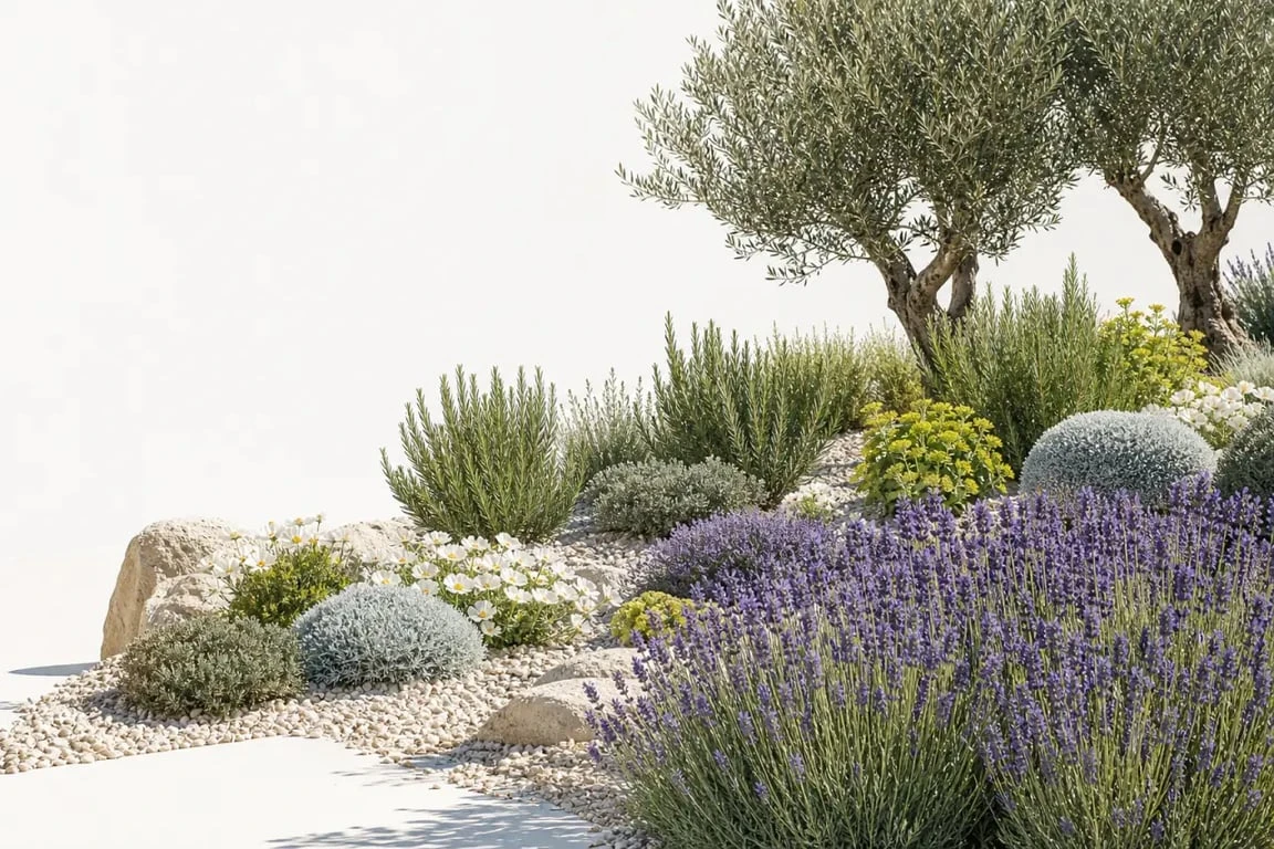 Plantes méditerranéennes sans arrosage dans un jardin sec en plein soleil