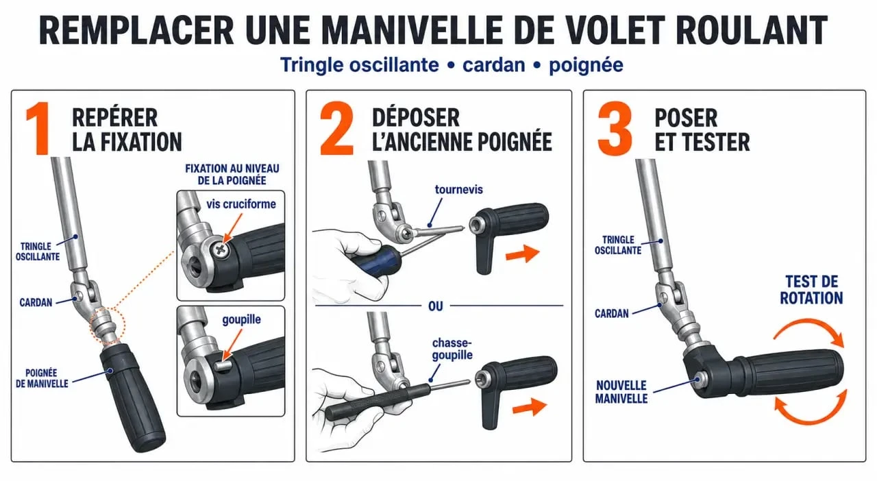 Remplacer manivelle volet roulant : schéma des étapes de démontage et de pose