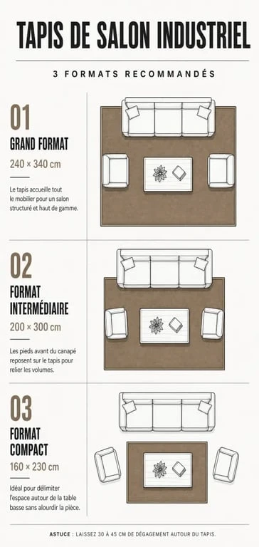 Infographie des tailles recommandées pour un tapis style industriel dans un salon