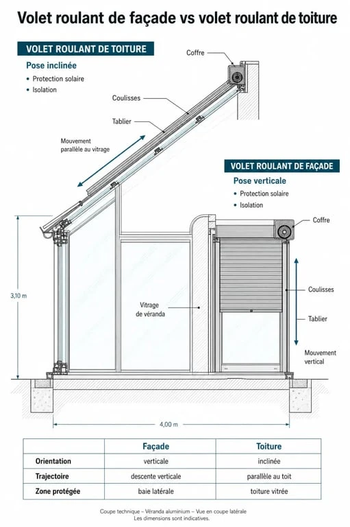 Schéma comparatif illustrant l'installation d'un volet roulant de façade et d'un volet roulant de toiture sur une véranda pour une meilleure isolation thermique.