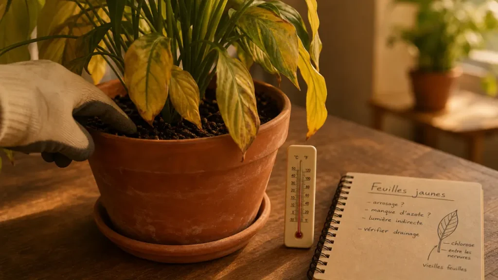 Feuilles qui jaunissent : chlorose sur plante d’intérieur due à trop d’eau ou manque de lumière