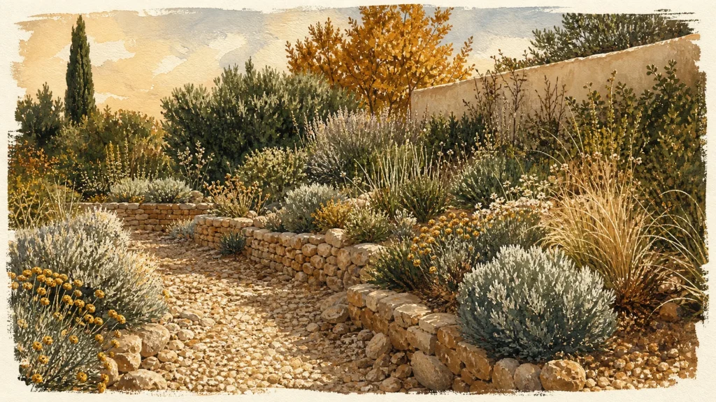 Jardin méditerranéen sans entretien avec paillage minéral en automne