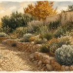 Jardin méditerranéen sans entretien avec paillage minéral en automne