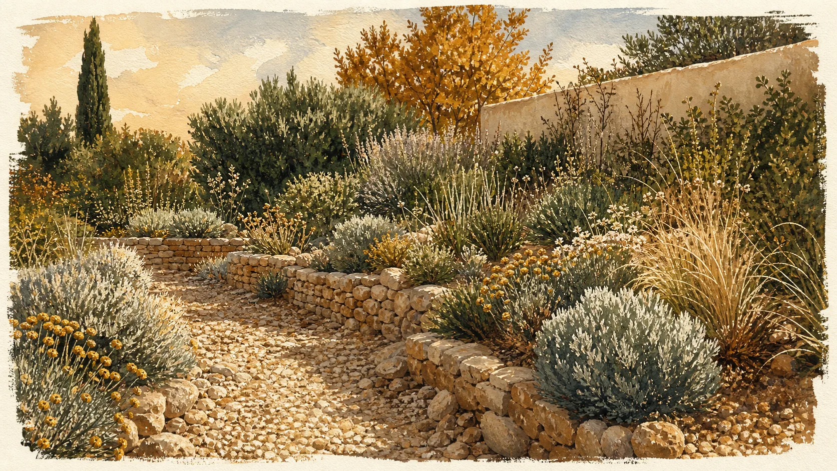 Jardin méditerranéen sans entretien avec paillage minéral en automne
