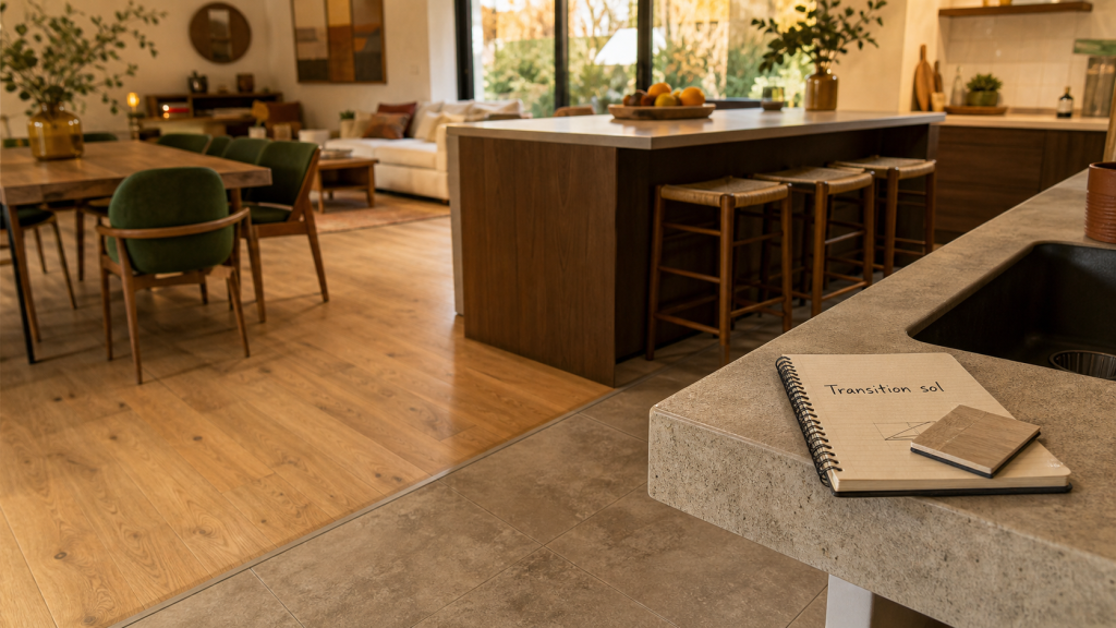 Jonction salon parquet cuisine carrelage avec profilé de transition discret
