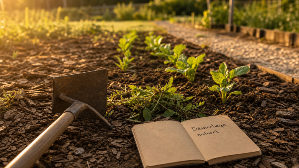 Lutter contre les mauvaises herbes naturellement au jardin : binette et herbes arrachées