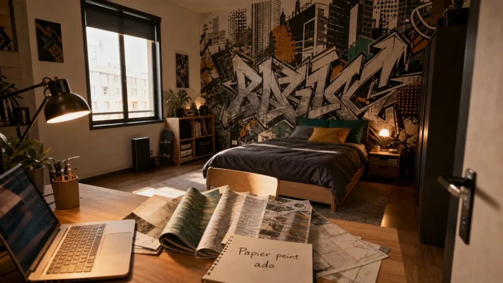 Papier peint chambre ado : échantillons et panoramique urbain en chambre moderne