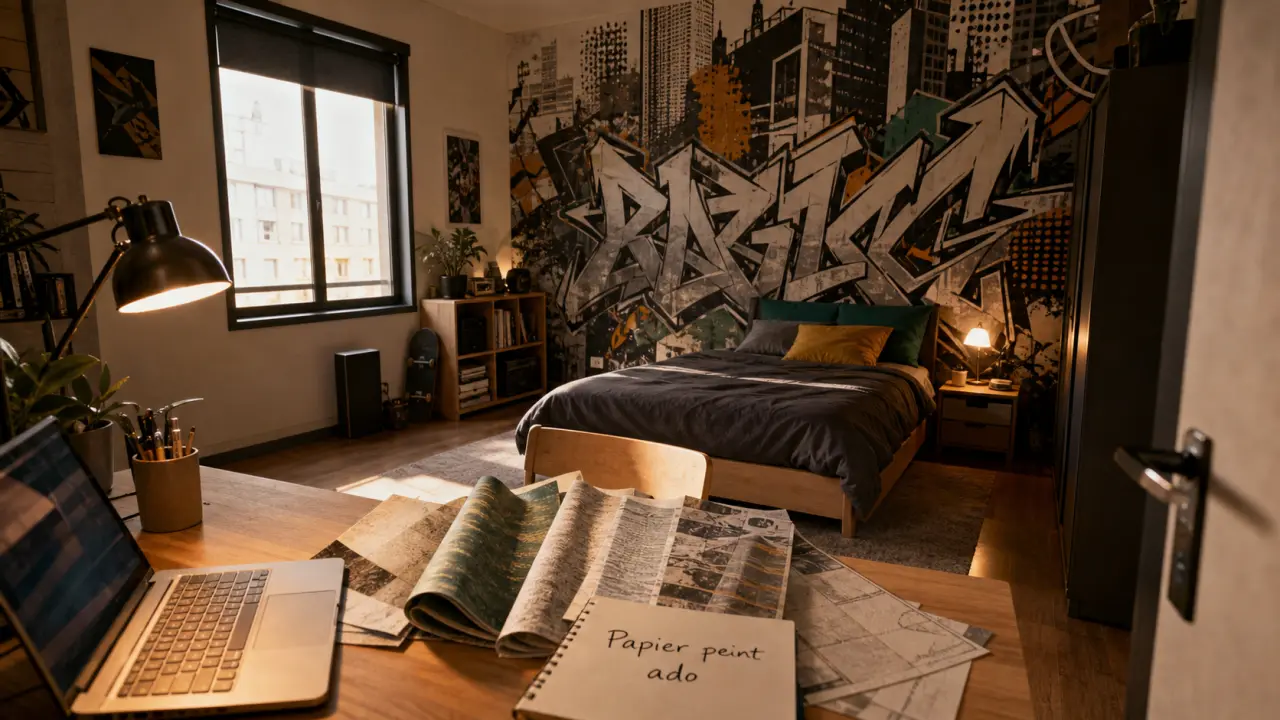 Papier peint chambre ado : échantillons et panoramique urbain en chambre moderne