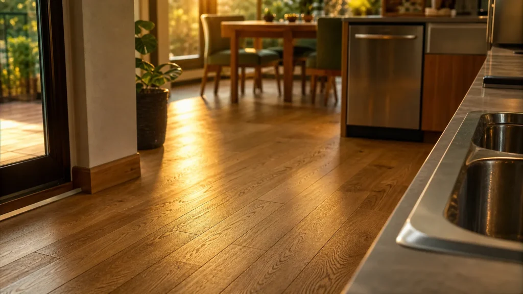 Parquet flottant dans une cuisine en chêne mat, près d’un seuil de porte